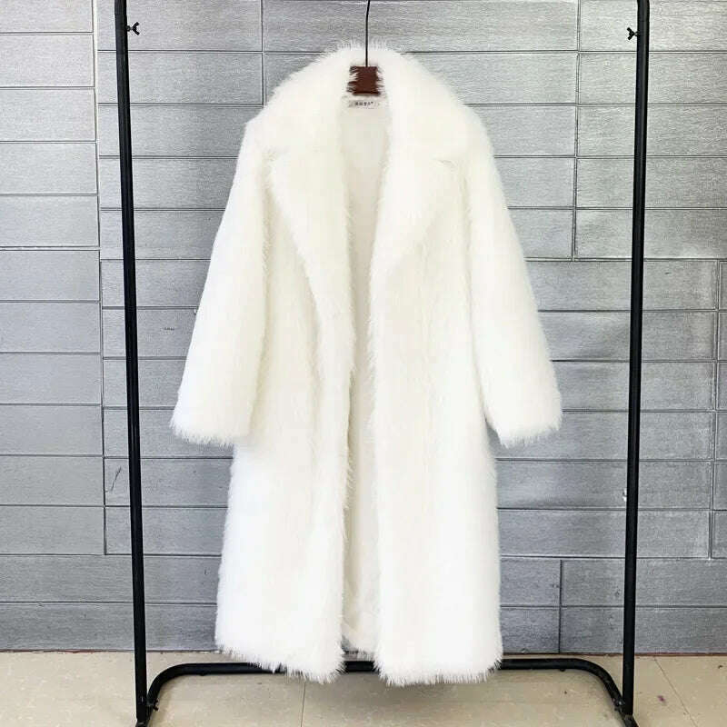 KIMLUD, Women Winter Warm Plush Faux Fur Long Jacket Elegant Y2K Chic Clothes Lapel Furry Coats Overcoat Pilot Jacket Outwear Blend, White / S, KIMLUD APPAREL - Womens Clothes