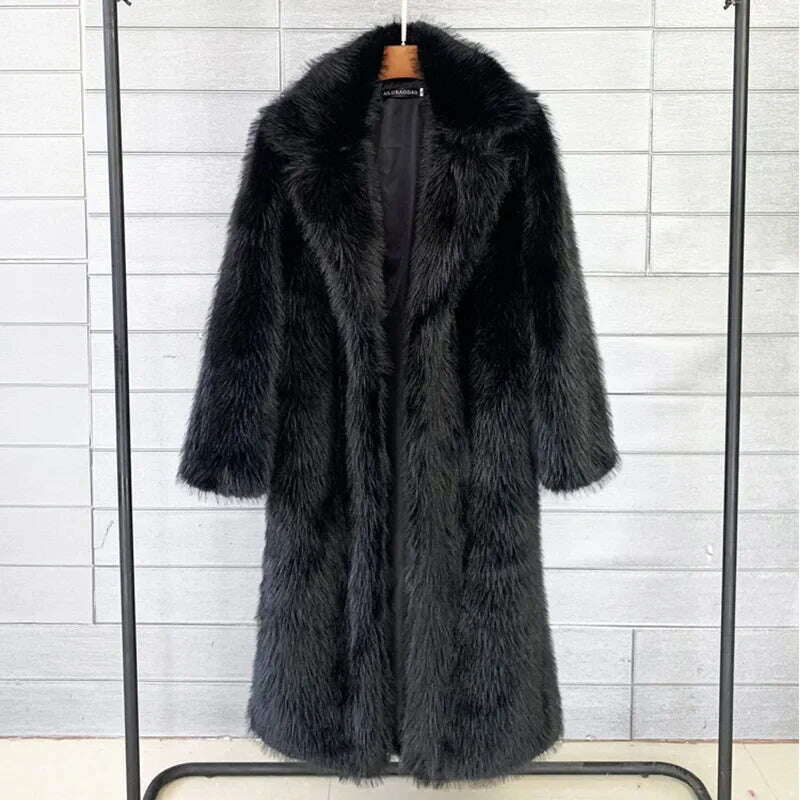 KIMLUD, Women Winter Warm Plush Faux Fur Long Jacket Elegant Y2K Chic Clothes Lapel Furry Coats Overcoat Pilot Jacket Outwear Blend, Black / S, KIMLUD APPAREL - Womens Clothes