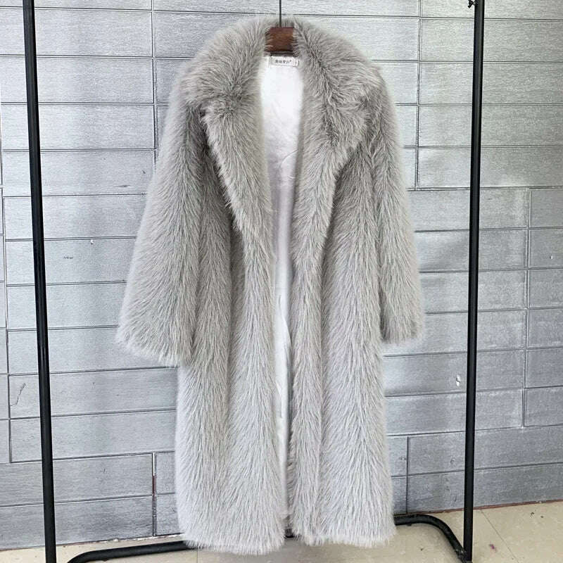 KIMLUD, Women Winter Warm Plush Faux Fur Long Jacket Elegant Y2K Chic Clothes Lapel Furry Coats Overcoat Pilot Jacket Outwear Blend, Gray / S, KIMLUD APPAREL - Womens Clothes