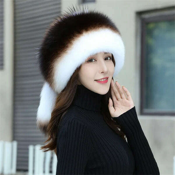 KIMLUD, Women&#39;s Fox Fur Hats 2022 New Fox Fur Windproof Warm Earmuffs Winter Hats Women&#39;s Fur Hats Russian Hats, coffee - white / M(56-58cm), KIMLUD APPAREL - Womens Clothes