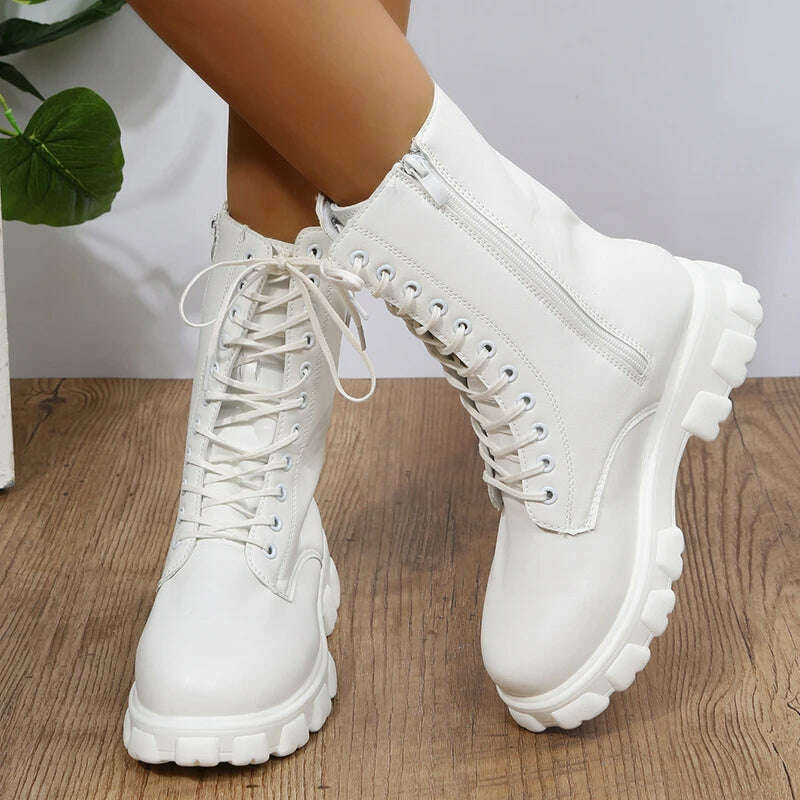 KIMLUD, Women&#39;s Shoes Mid Calf Boots Gothic Punk Casual White Platform Woman Medium Heel Spring Summer 2022 Elegant with Free Shipping, KIMLUD Womens Clothes