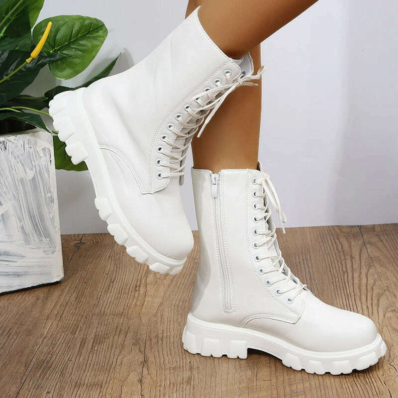 KIMLUD, Women&#39;s Shoes Mid Calf Boots Gothic Punk Casual White Platform Woman Medium Heel Spring Summer 2022 Elegant with Free Shipping, KIMLUD Womens Clothes