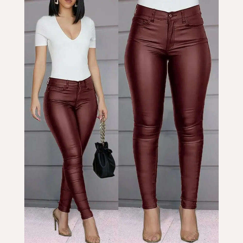 KIMLUD, Women&#39;s Slim Pencil Pants Casual Buttoned Solid Coated PU Pants, Burgundy / S, KIMLUD APPAREL - Womens Clothes