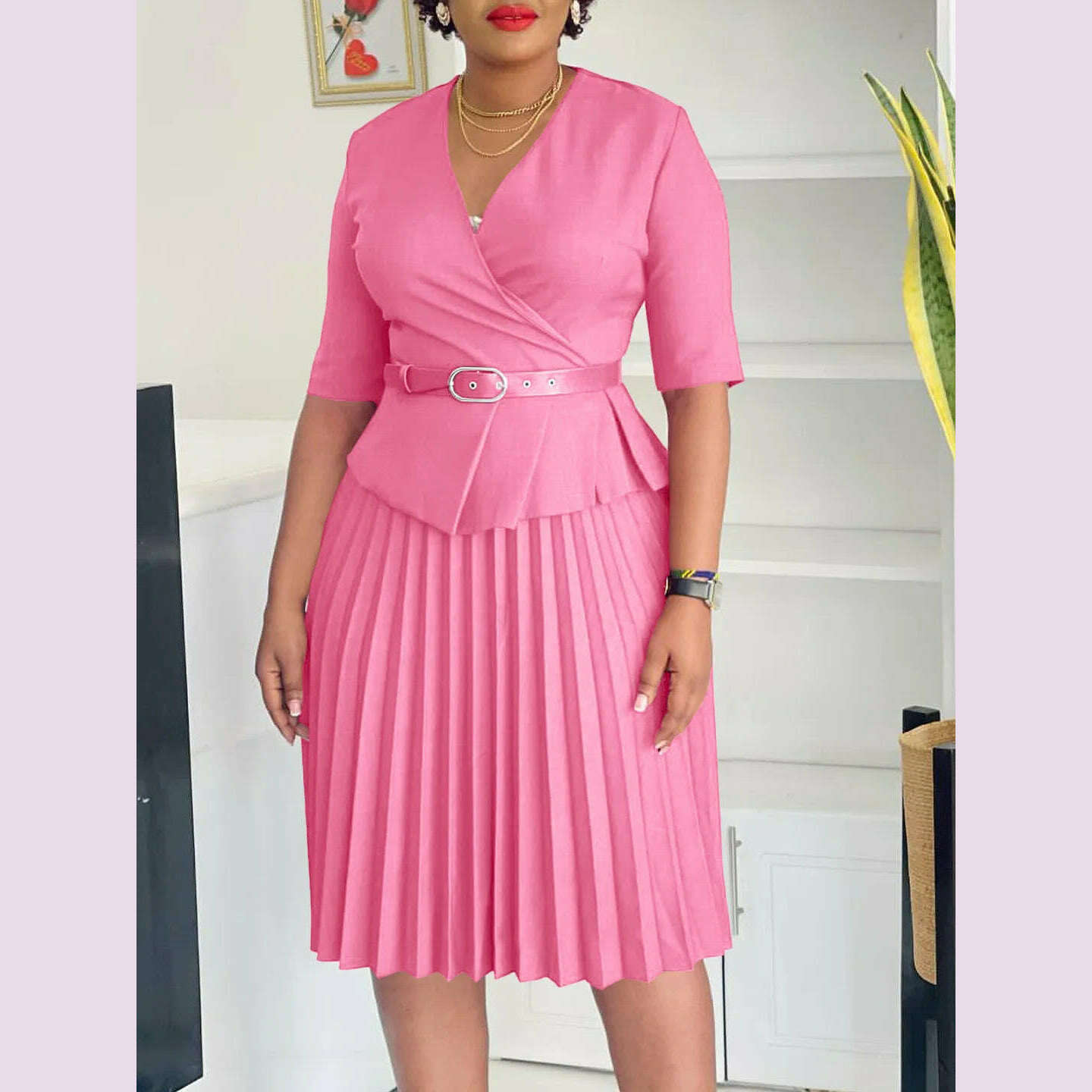 KIMLUD, Women's 2024 new fashion plus size temperament commuter V-neck pleated dress, Pink / L, KIMLUD APPAREL - Womens Clothes