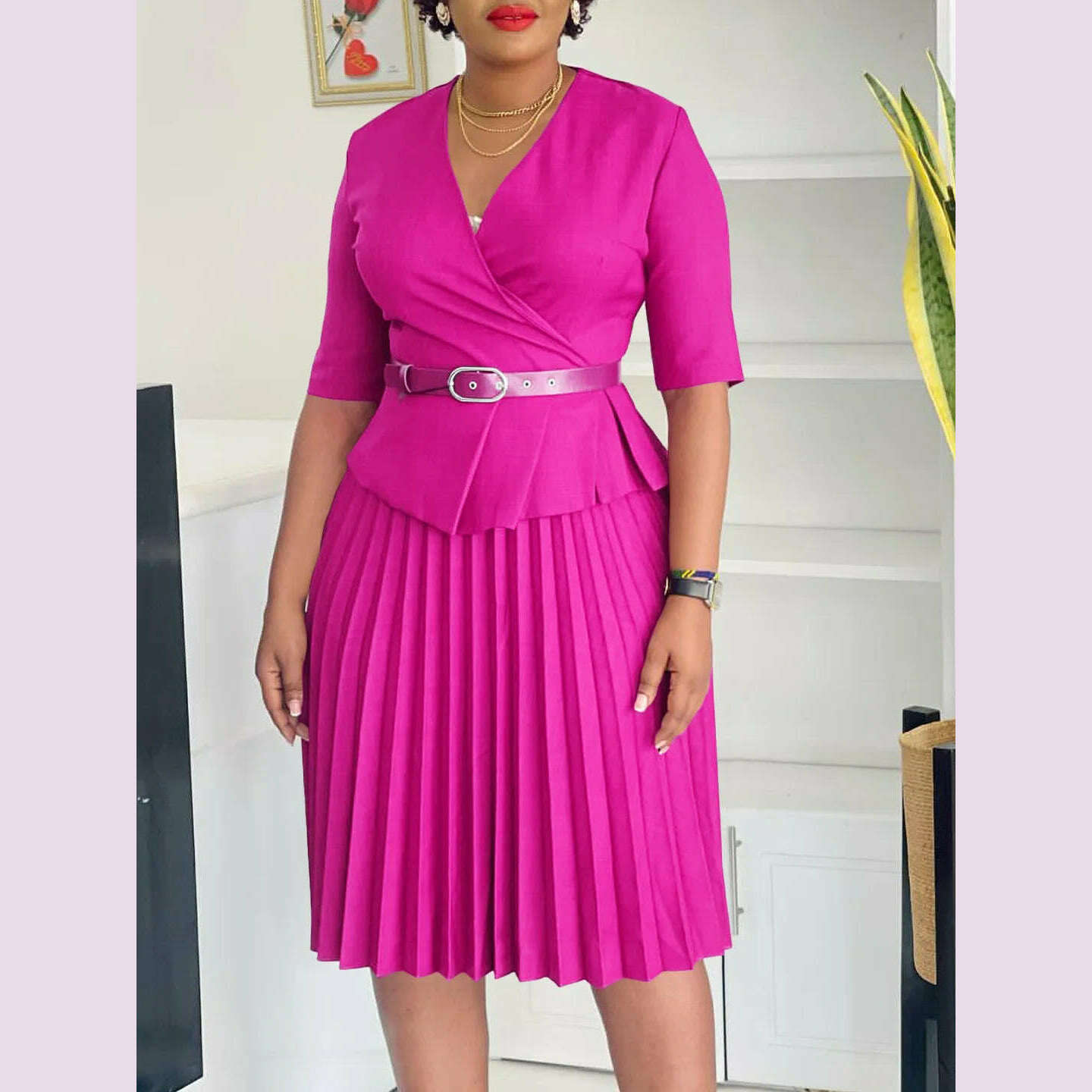 KIMLUD, Women's 2024 new fashion plus size temperament commuter V-neck pleated dress, Rose Red / S, KIMLUD APPAREL - Womens Clothes