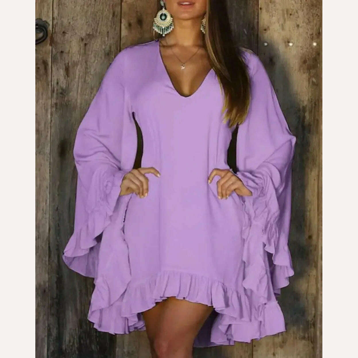 KIMLUD, Women's A Line Mini Dress, V-Neck, Slight, Stretch Design, Ruffle Hem, Bell Sleeve, Casual, Summer, Sweet, Female Fashion, New, KIMLUD Womens Clothes