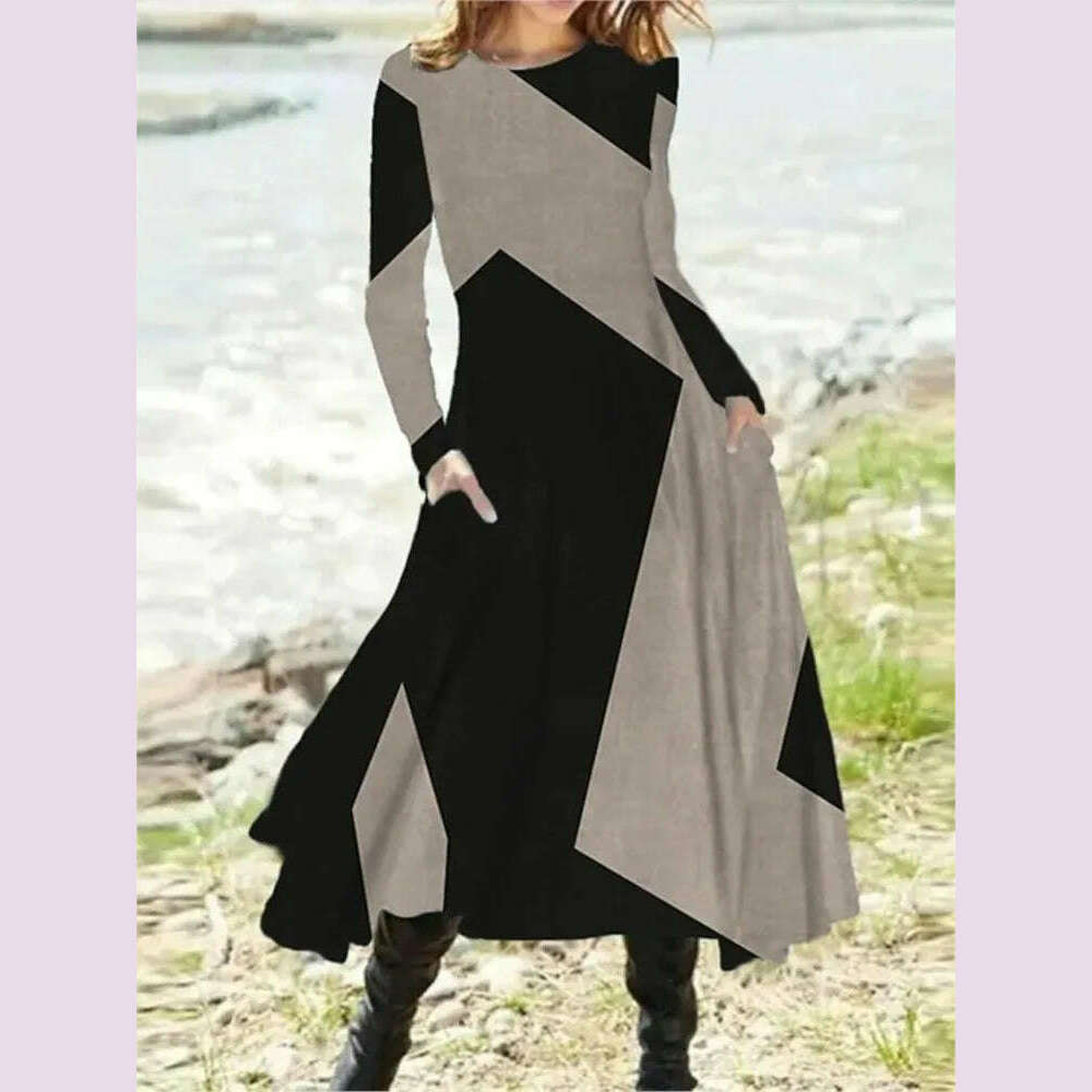 KIMLUD, Women's Autumn Winter New Casual Retro Style Fashionable Geometric Print Long Sleeved Round Neck Oversized Swing Long Skirt, KIMLUD Womens Clothes