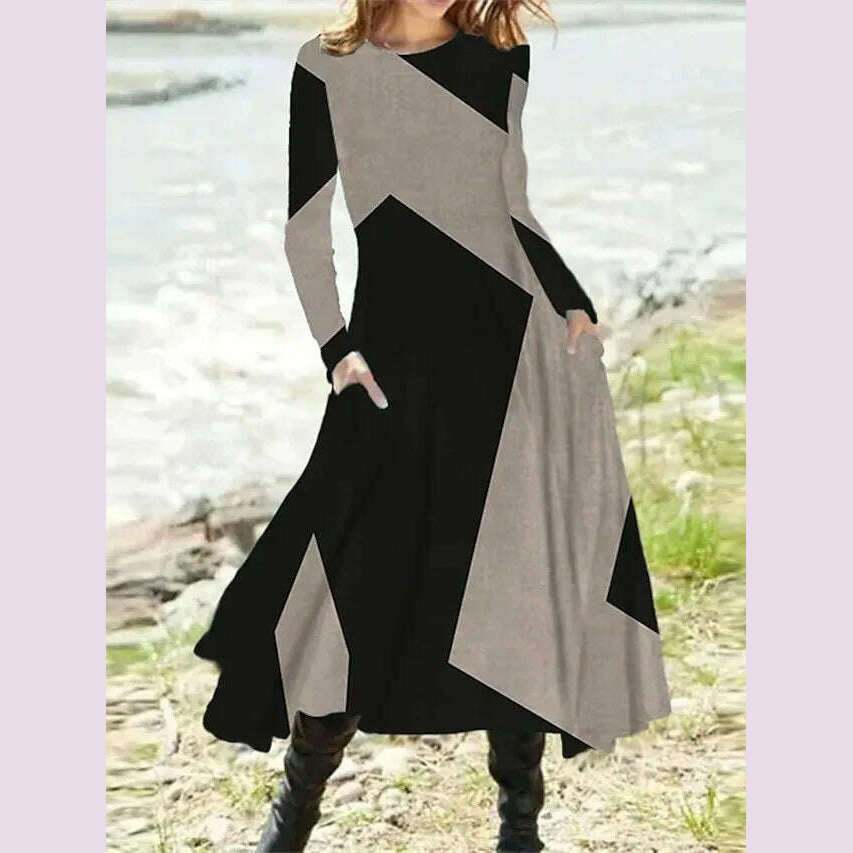 KIMLUD, Women's Autumn Winter New Casual Retro Style Fashionable Geometric Print Long Sleeved Round Neck Oversized Swing Long Skirt, black / XXL, KIMLUD APPAREL - Womens Clothes