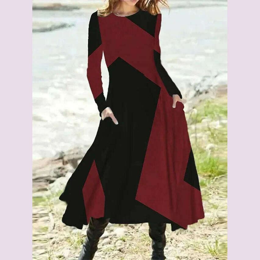 KIMLUD, Women's Autumn Winter New Casual Retro Style Fashionable Geometric Print Long Sleeved Round Neck Oversized Swing Long Skirt, red / XXL, KIMLUD APPAREL - Womens Clothes