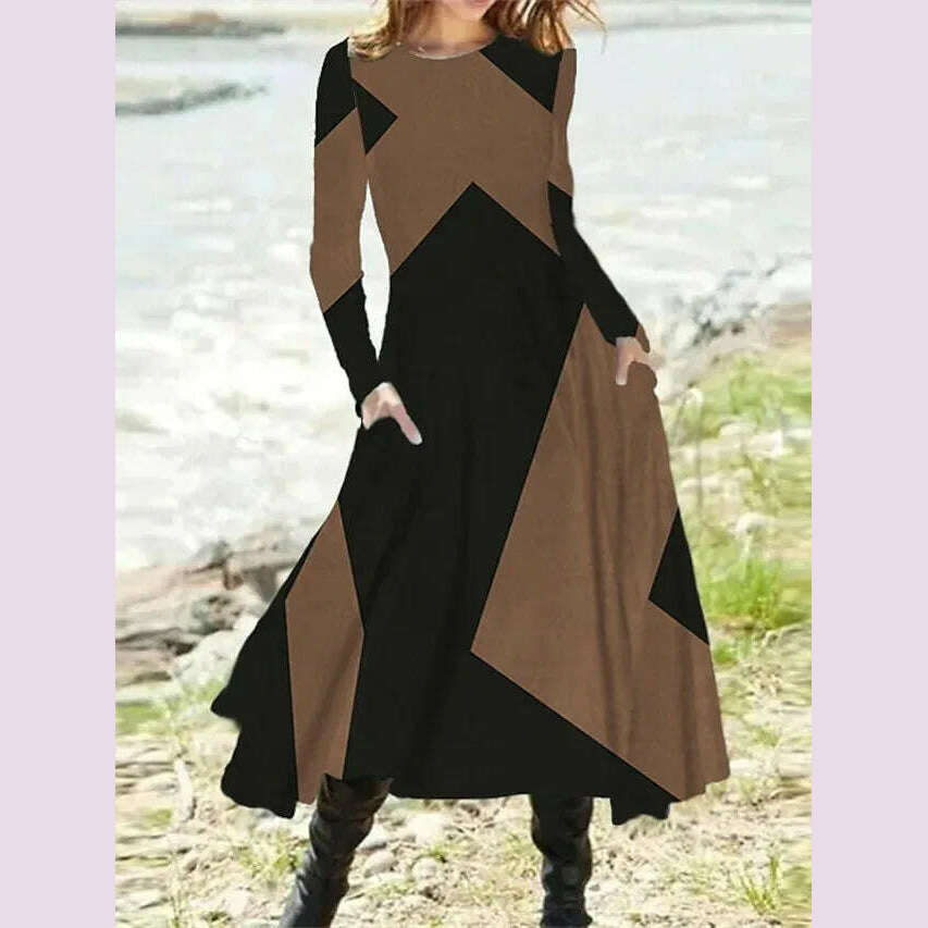 KIMLUD, Women's Autumn Winter New Casual Retro Style Fashionable Geometric Print Long Sleeved Round Neck Oversized Swing Long Skirt, brown / XXL, KIMLUD APPAREL - Womens Clothes