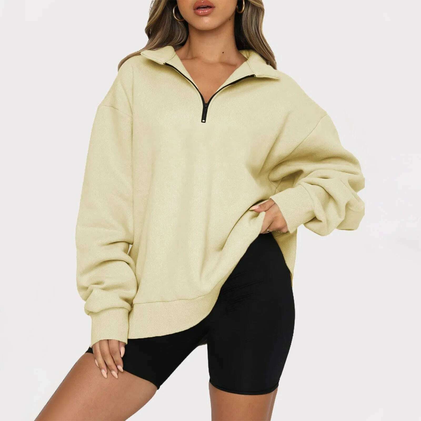 KIMLUD, Women's Casual Fashion Long Sleeve Solid Color Zip Sweatshirt Top, Khaki / XL, KIMLUD APPAREL - Womens Clothes