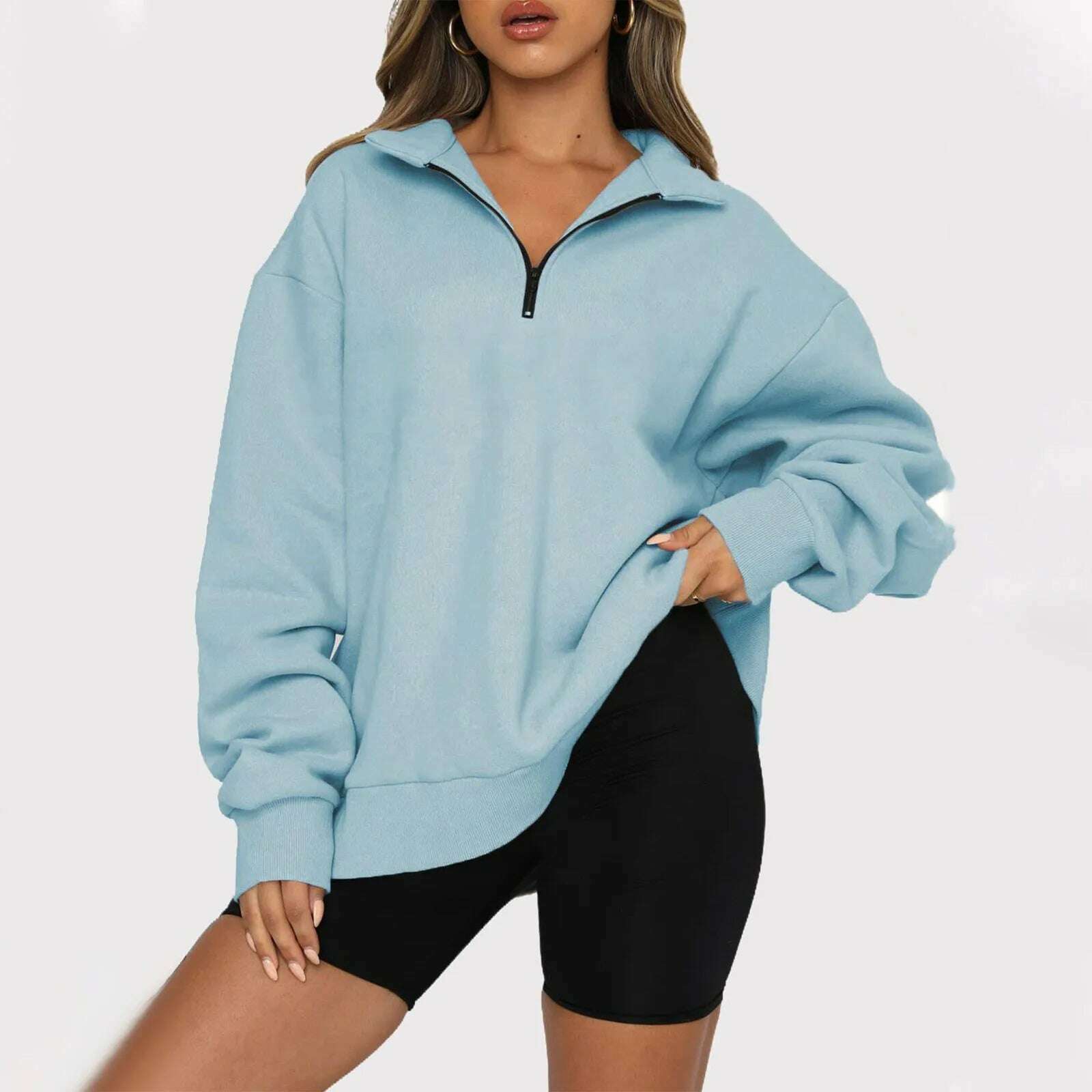 KIMLUD, Women's Casual Fashion Long Sleeve Solid Color Zip Sweatshirt Top, Sky Blue / L, KIMLUD APPAREL - Womens Clothes