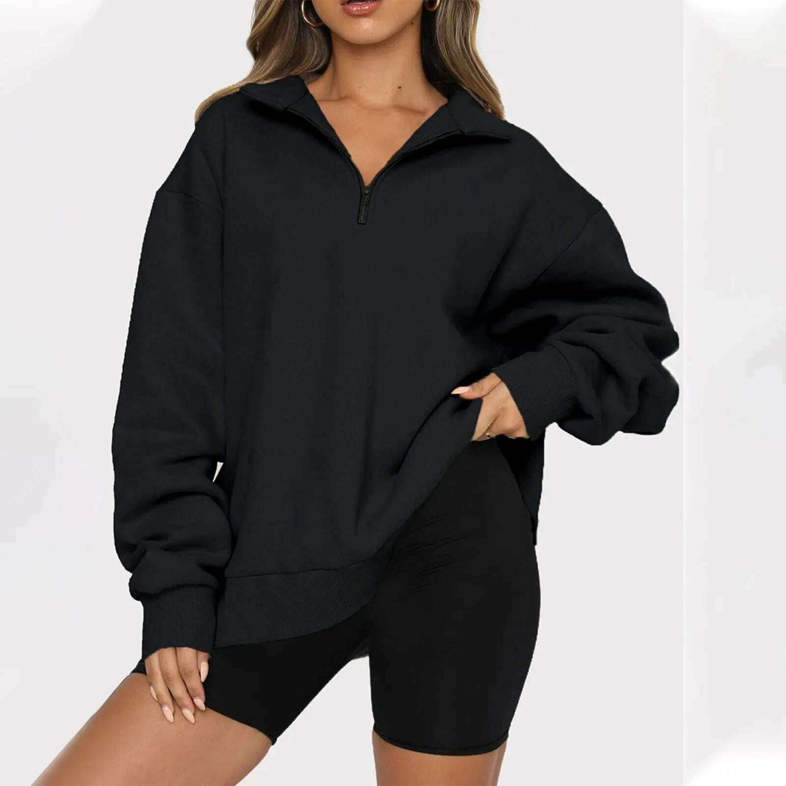 KIMLUD, Women's Casual Fashion Long Sleeve Solid Color Zip Sweatshirt Top, Black / L, KIMLUD APPAREL - Womens Clothes