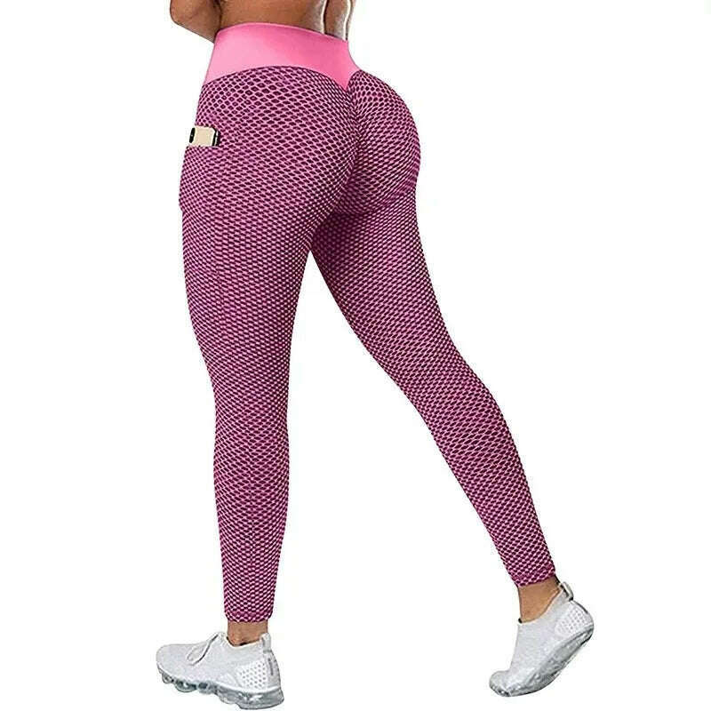 KIMLUD, Women's Casual Fitness Trousers High Waist Pocket Yoga Leggings Scrunch Butt Workout Tights High Waist Push Up Yoga Gym Leggings, Rose red / S / CN, KIMLUD APPAREL - Womens Clothes