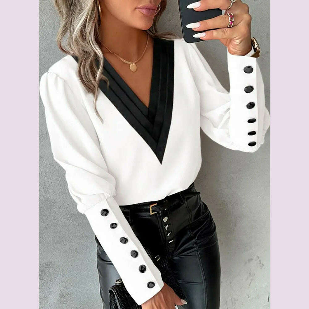 Women's Casual Shirt Autumn Fashion V-neck Patchwork White Long Sleeve Button Office Lady Blouse Women Streetwear Tops Clothing - KIMLUD