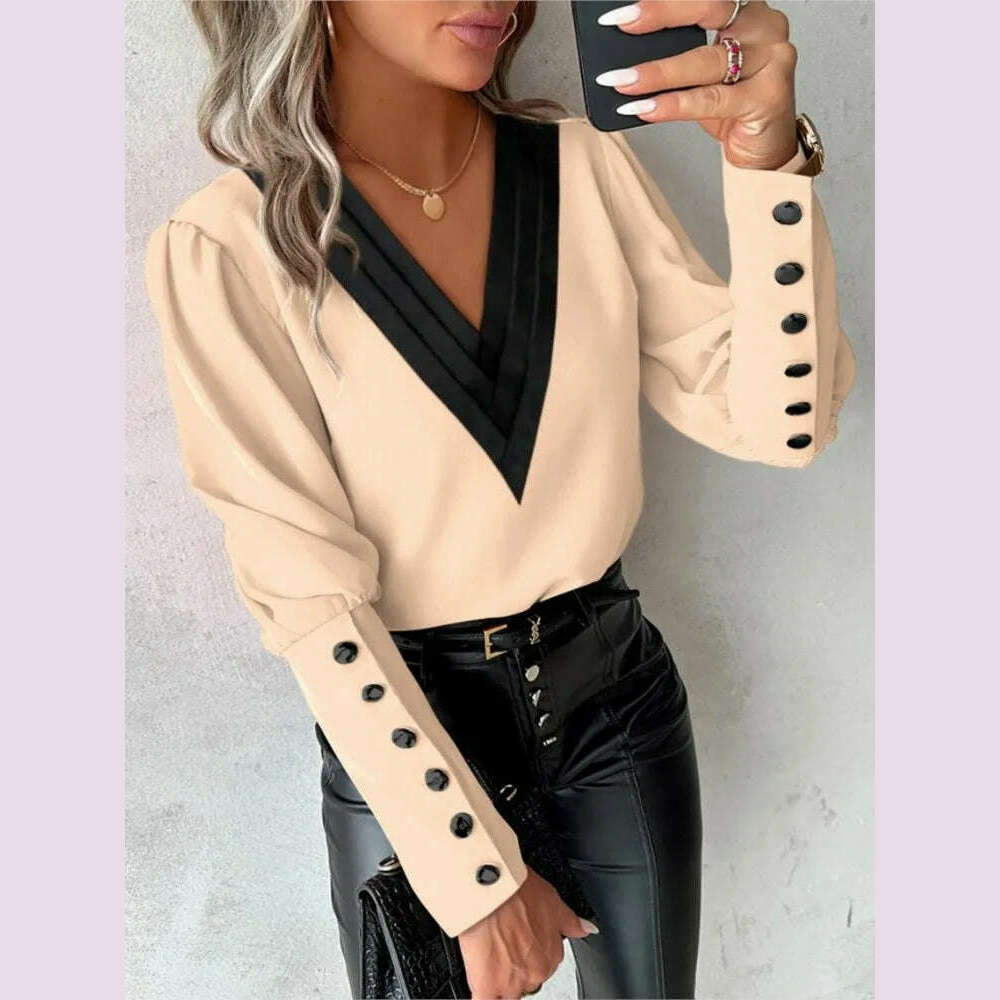 KIMLUD, Women's Casual Shirt Autumn Fashion V-neck Patchwork White Long Sleeve Button Office Lady Blouse Women Streetwear Tops Clothing, Khaki / L, KIMLUD APPAREL - Womens Clothes