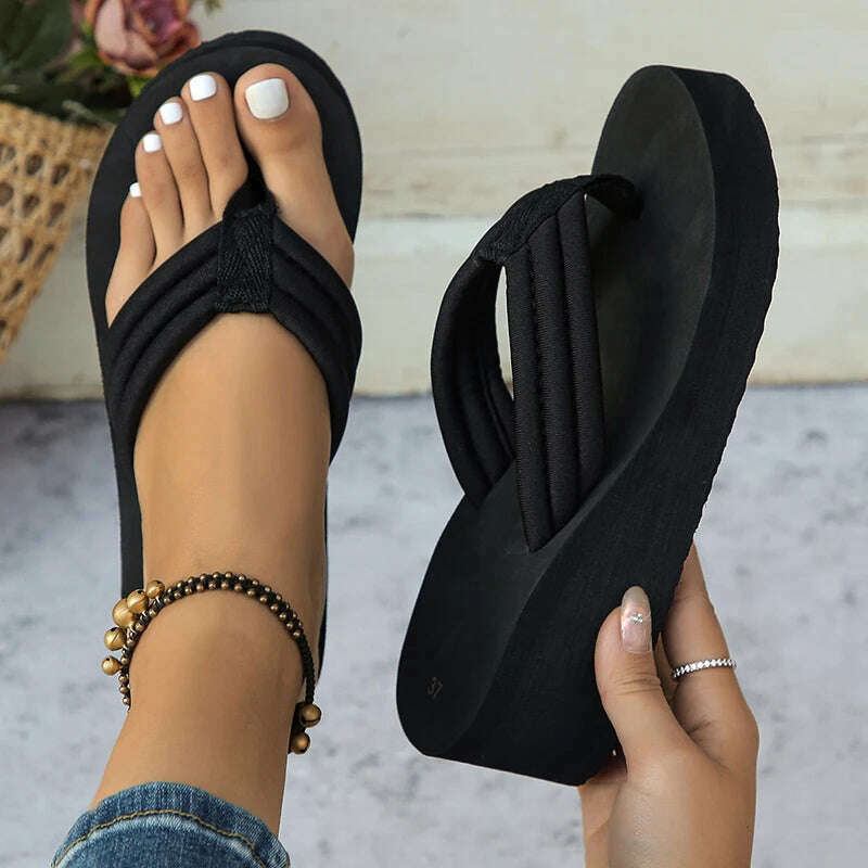 KIMLUD, Women's Clip Toe Platform Slippers Lightweight Wedges Non-Slip Flip Flops Solid Color Thick Bottom Beach Shoes, black / 36, KIMLUD APPAREL - Womens Clothes