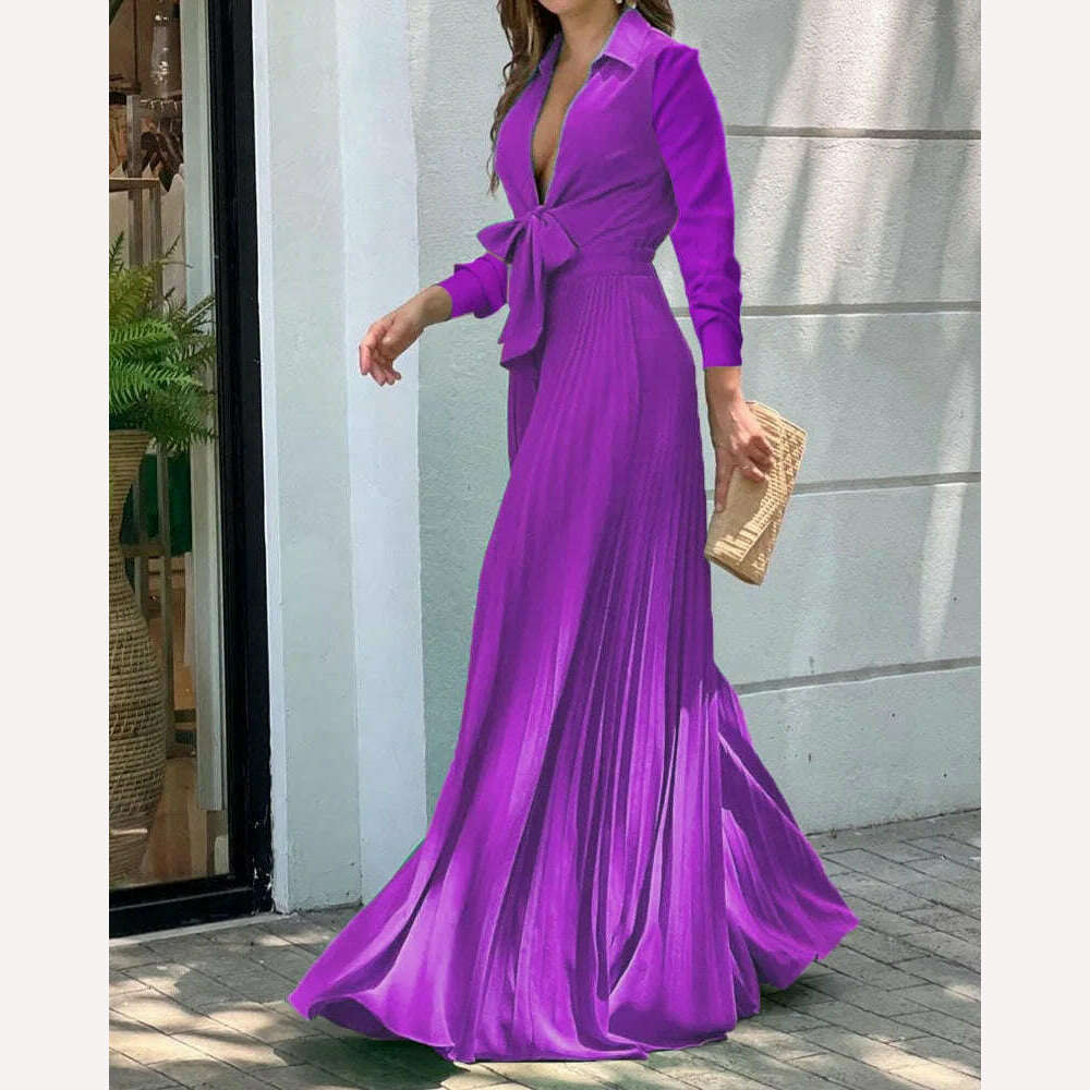 KIMLUD, Women's Clothing 2022 Autumn New Fashion V-neck Long-sleeved Lapel Top Loose Wide-leg Jumpsuit for Women, Long-sleeved purple / S, KIMLUD APPAREL - Womens Clothes