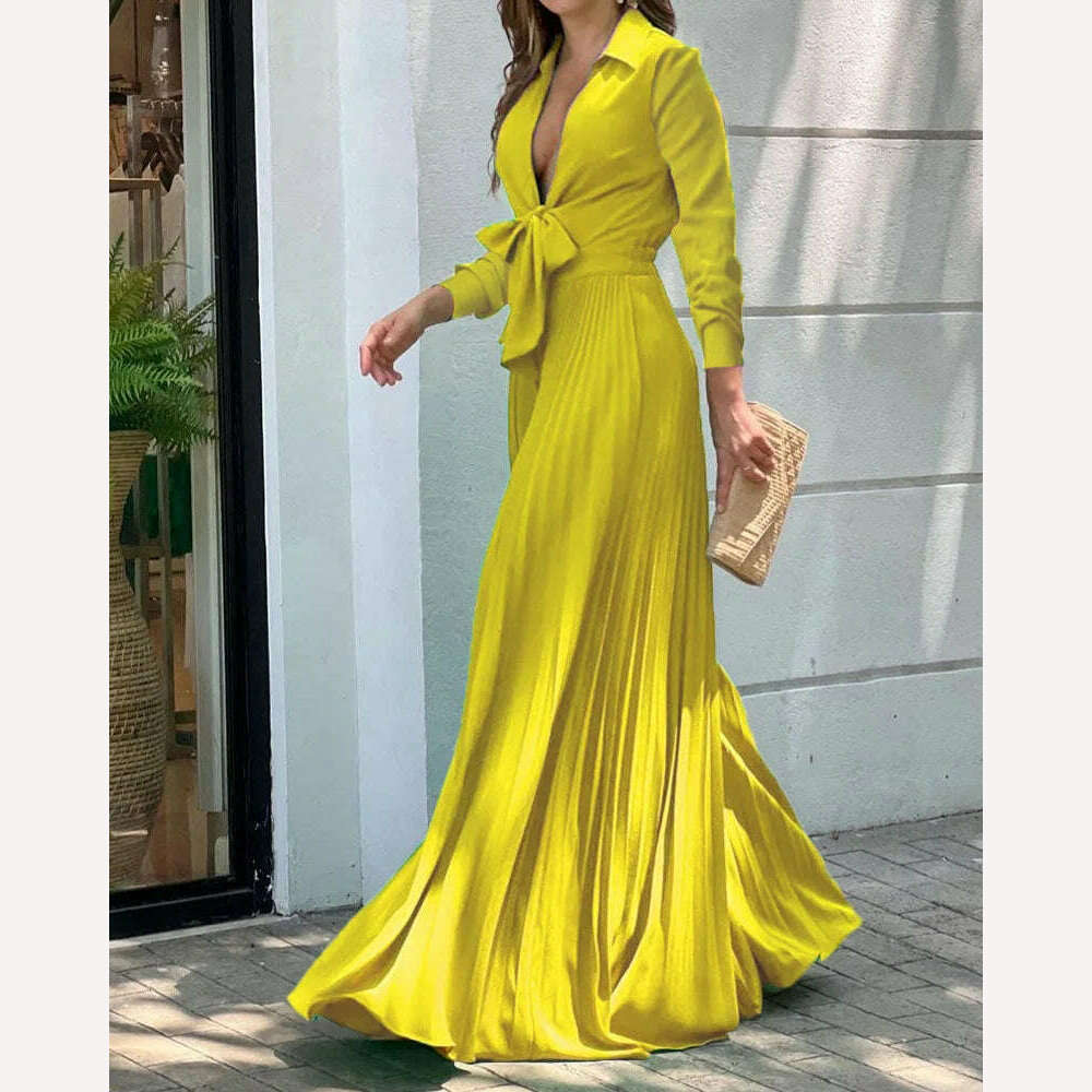 KIMLUD, Women's Clothing 2022 Autumn New Fashion V-neck Long-sleeved Lapel Top Loose Wide-leg Jumpsuit for Women, Long sleeve yellow / XXL, KIMLUD APPAREL - Womens Clothes