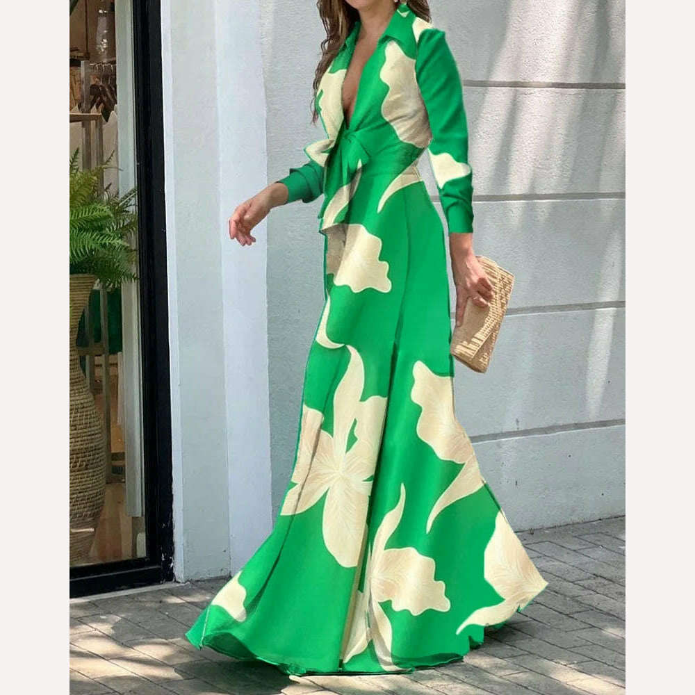 KIMLUD, Women's Clothing 2022 Autumn New Fashion V-neck Long-sleeved Lapel Top Loose Wide-leg Jumpsuit for Women, green flowers / XL, KIMLUD APPAREL - Womens Clothes