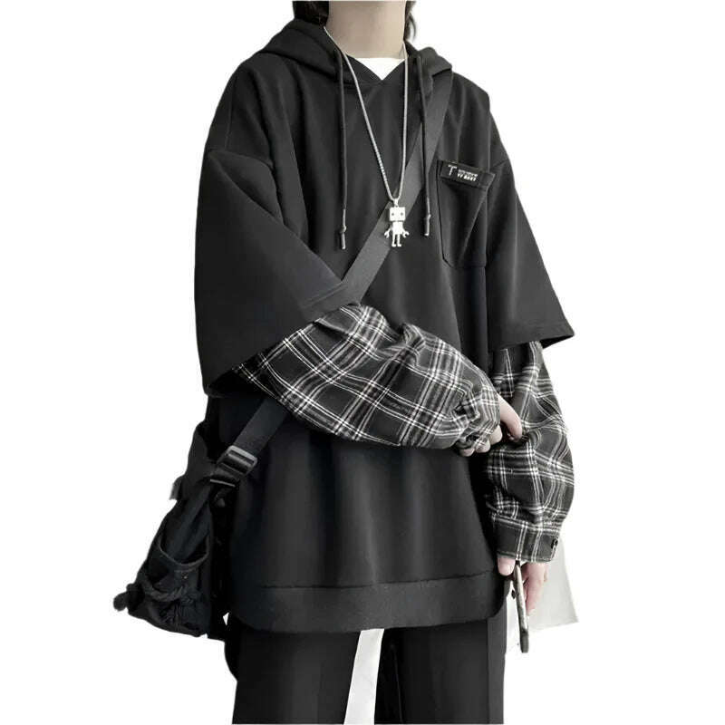 KIMLUD, Women's Clothing Fake Two Hoodies Patchwork Plaid Hooded Oversized Tops Korean Y2K Clothes for Teens Harajuku Casual Sweatshirt, KIMLUD Womens Clothes