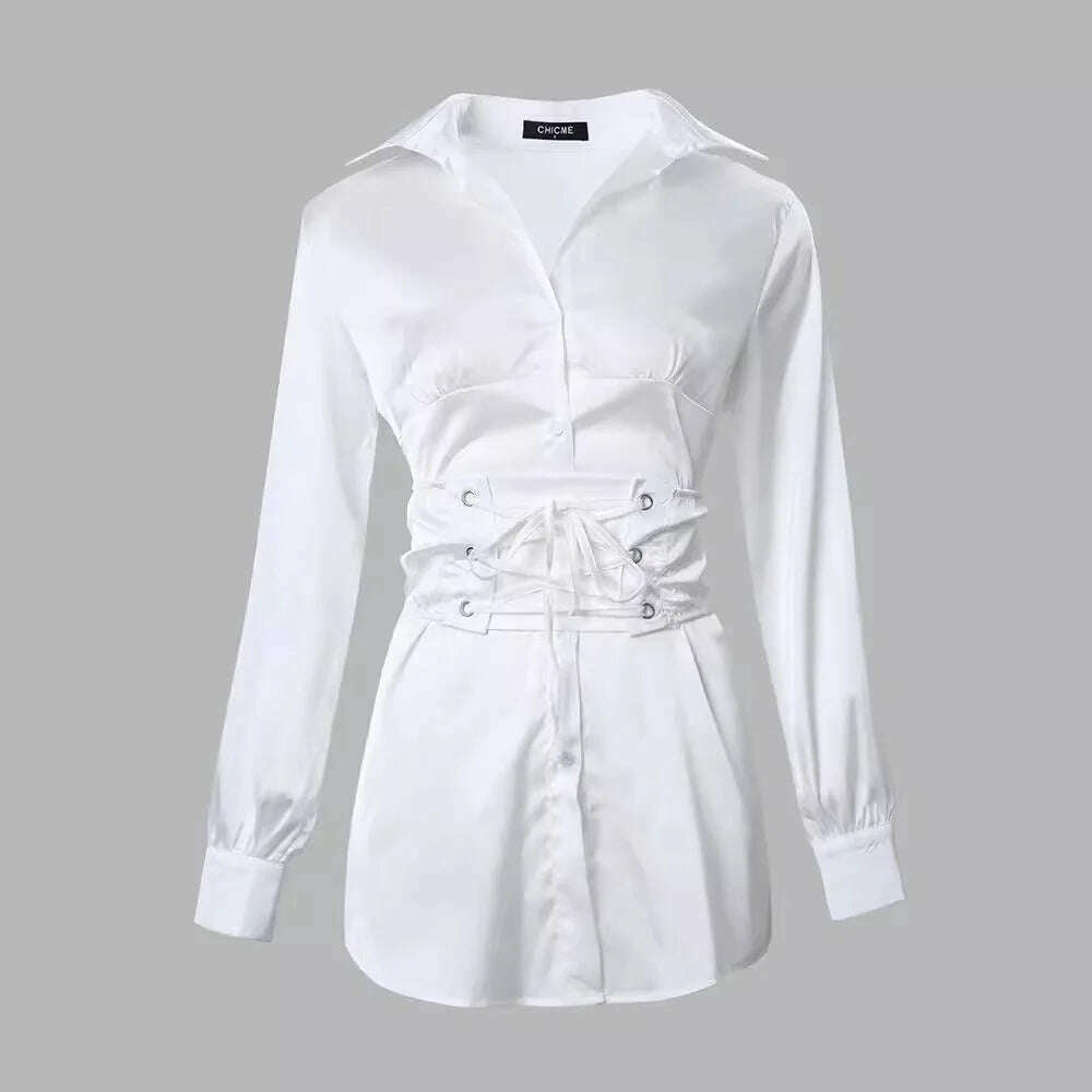 KIMLUD, Women's Clothing Fashion Solid Color White Lace-up Shirt Dress Long Sleeve Summer Mini Dress Sexy, KIMLUD Womens Clothes