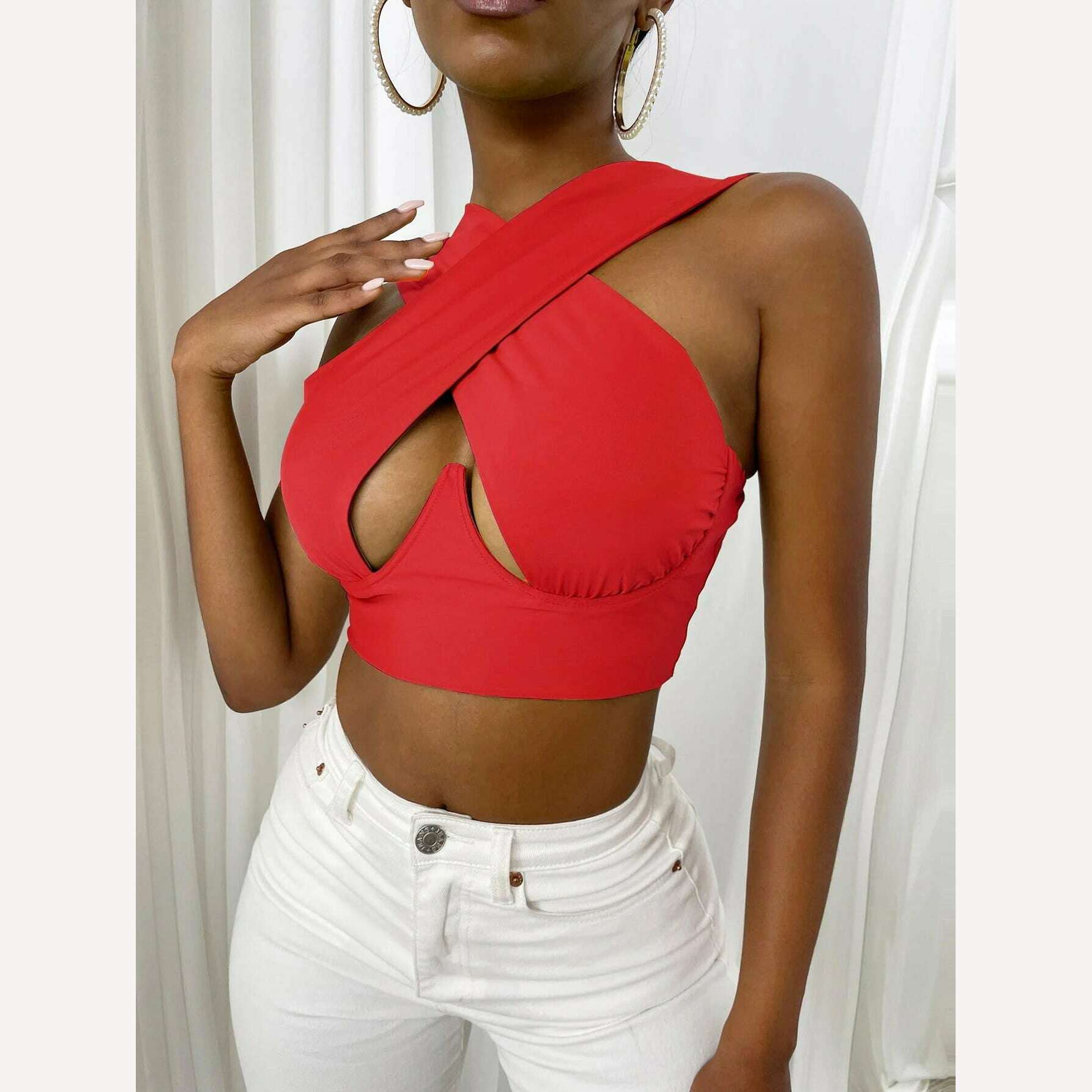 Women's Criss Cross Tank Tops Sexy Sleeveless Solid Color Cutout Front Crop Tops Party Club Streetwear Summer Lady Bustier Tops - KIMLUD