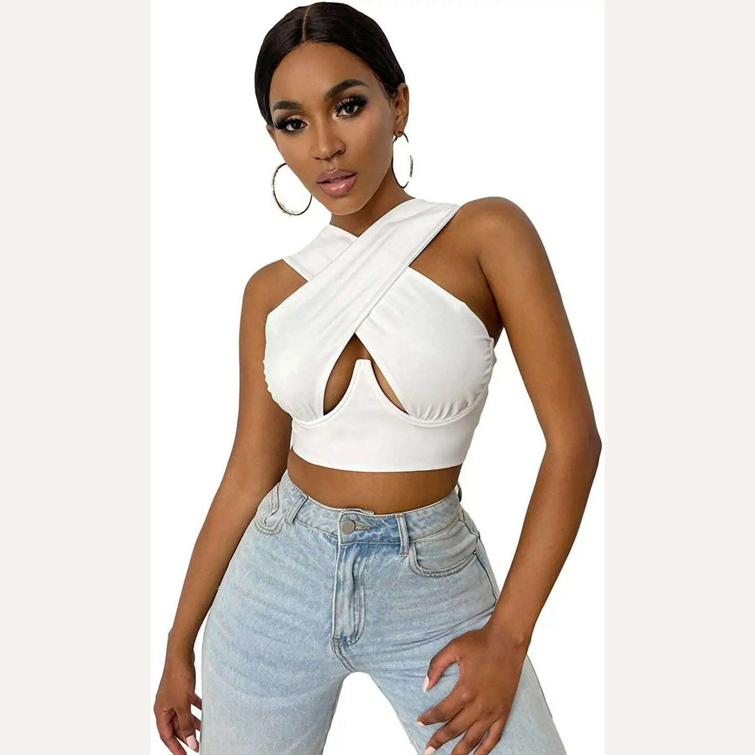 Women's Criss Cross Tank Tops Sexy Sleeveless Solid Color Cutout Front Crop Tops Party Club Streetwear Summer Lady Bustier Tops - KIMLUD