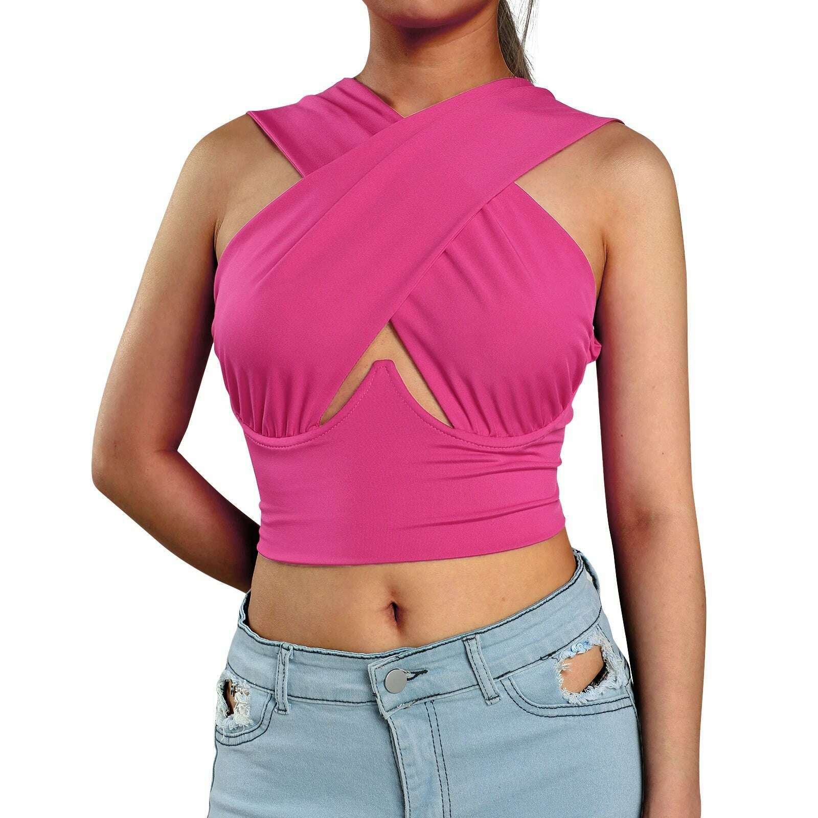 KIMLUD, Women's Criss Cross Tank Tops Sexy Sleeveless Solid Color Cutout Front Crop Tops Party Club Streetwear Summer Lady Bustier Tops, C / S, KIMLUD Womens Clothes