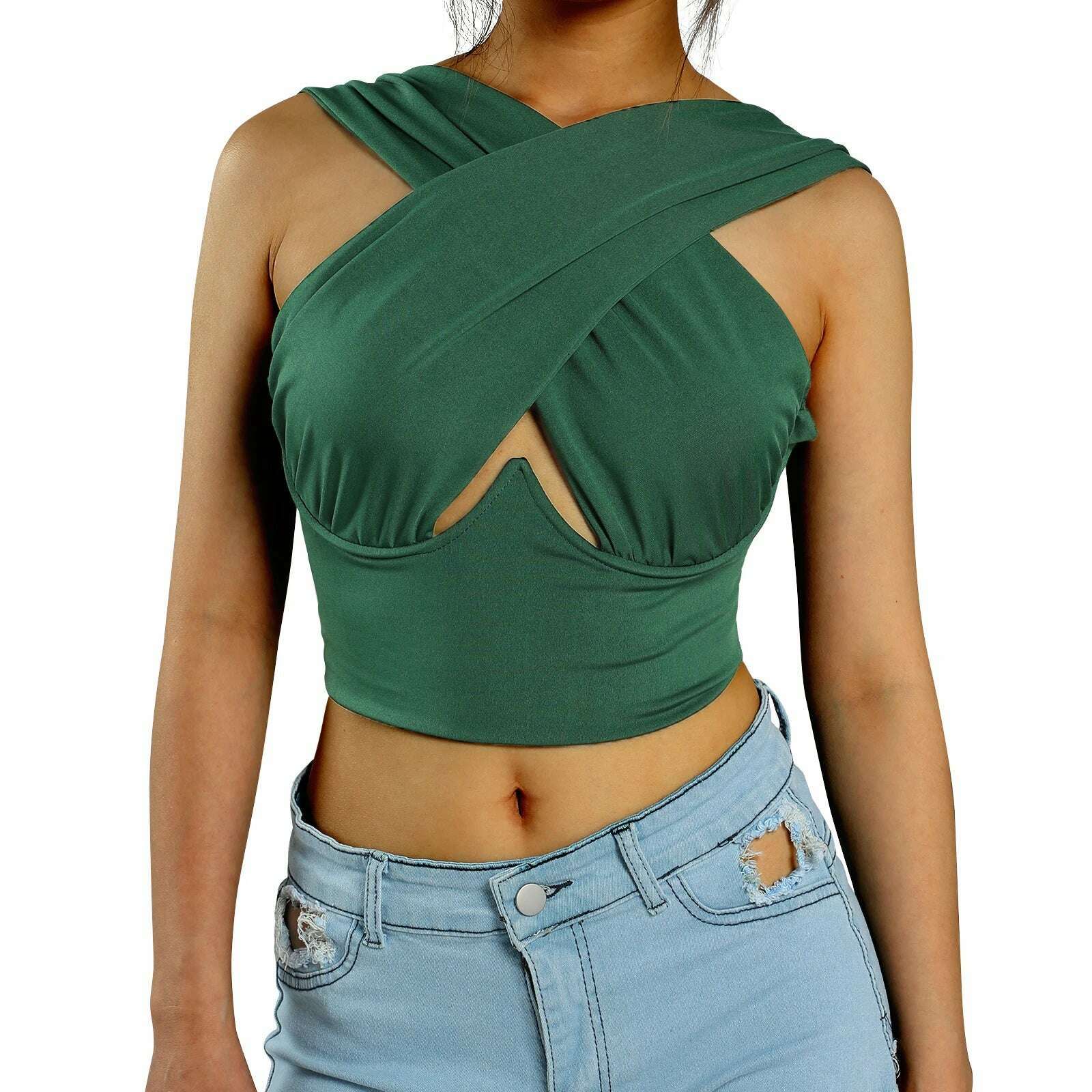 Women's Criss Cross Tank Tops Sexy Sleeveless Solid Color Cutout Front Crop Tops Party Club Streetwear Summer Lady Bustier Tops - KIMLUD