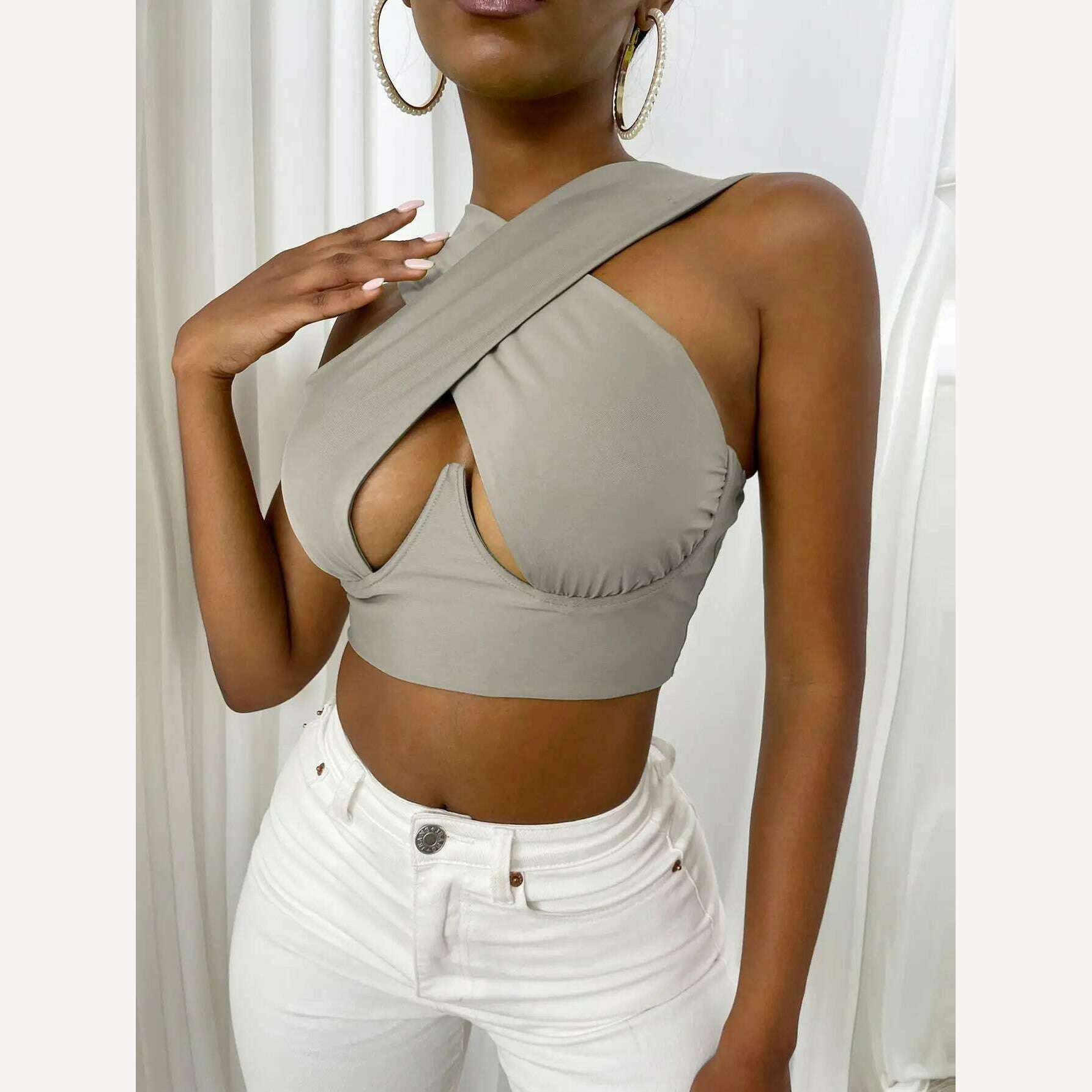 Women's Criss Cross Tank Tops Sexy Sleeveless Solid Color Cutout Front Crop Tops Party Club Streetwear Summer Lady Bustier Tops - KIMLUD