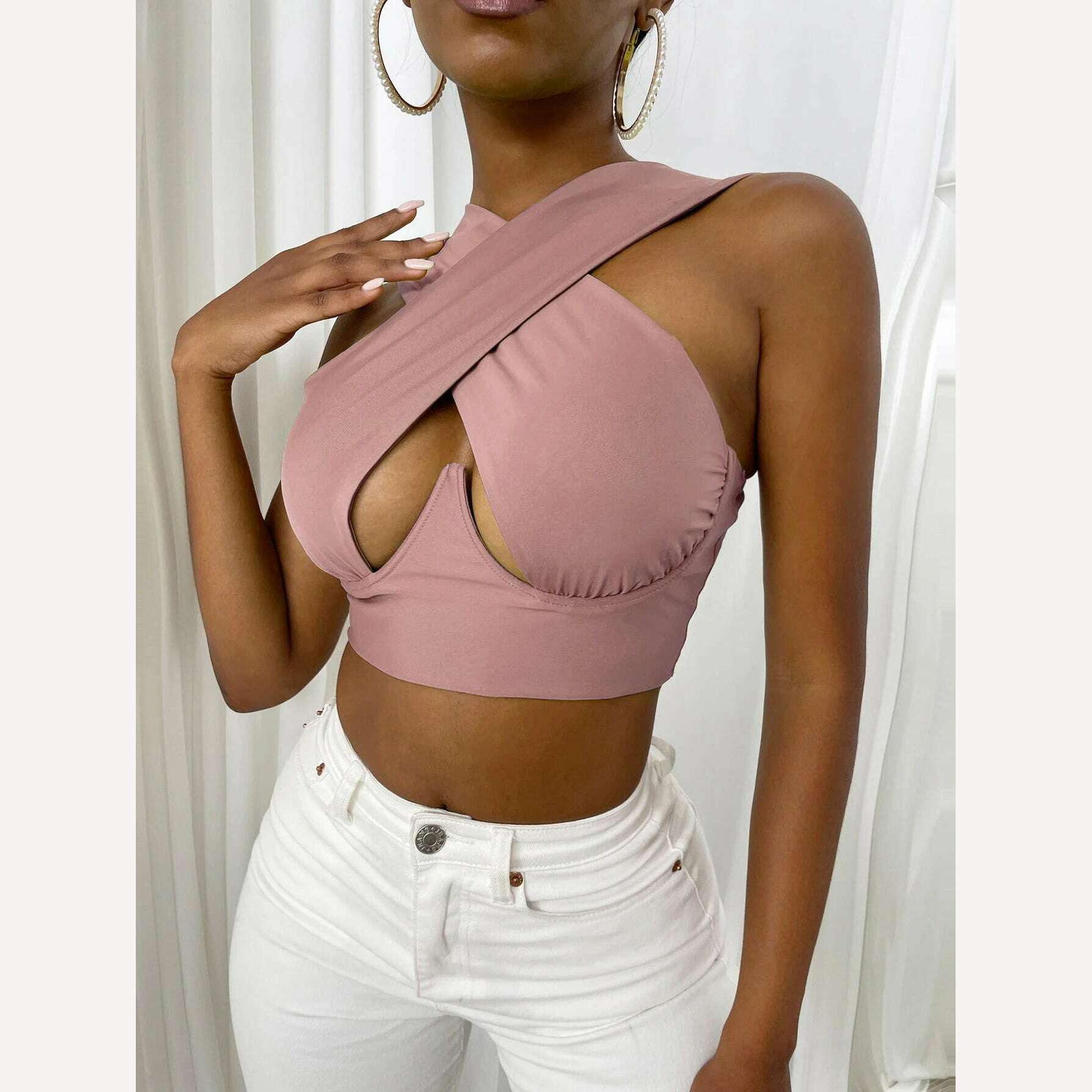 KIMLUD, Women's Criss Cross Tank Tops Sexy Sleeveless Solid Color Cutout Front Crop Tops Party Club Streetwear Summer Lady Bustier Tops, 72D Dusty Pink / XXL, KIMLUD Womens Clothes