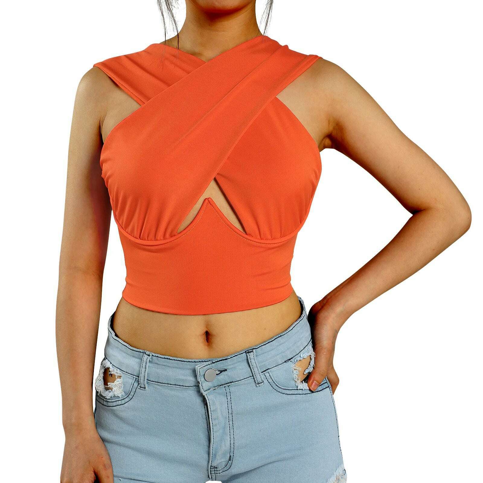 KIMLUD, Women's Criss Cross Tank Tops Sexy Sleeveless Solid Color Cutout Front Crop Tops Party Club Streetwear Summer Lady Bustier Tops, G / M, KIMLUD Womens Clothes