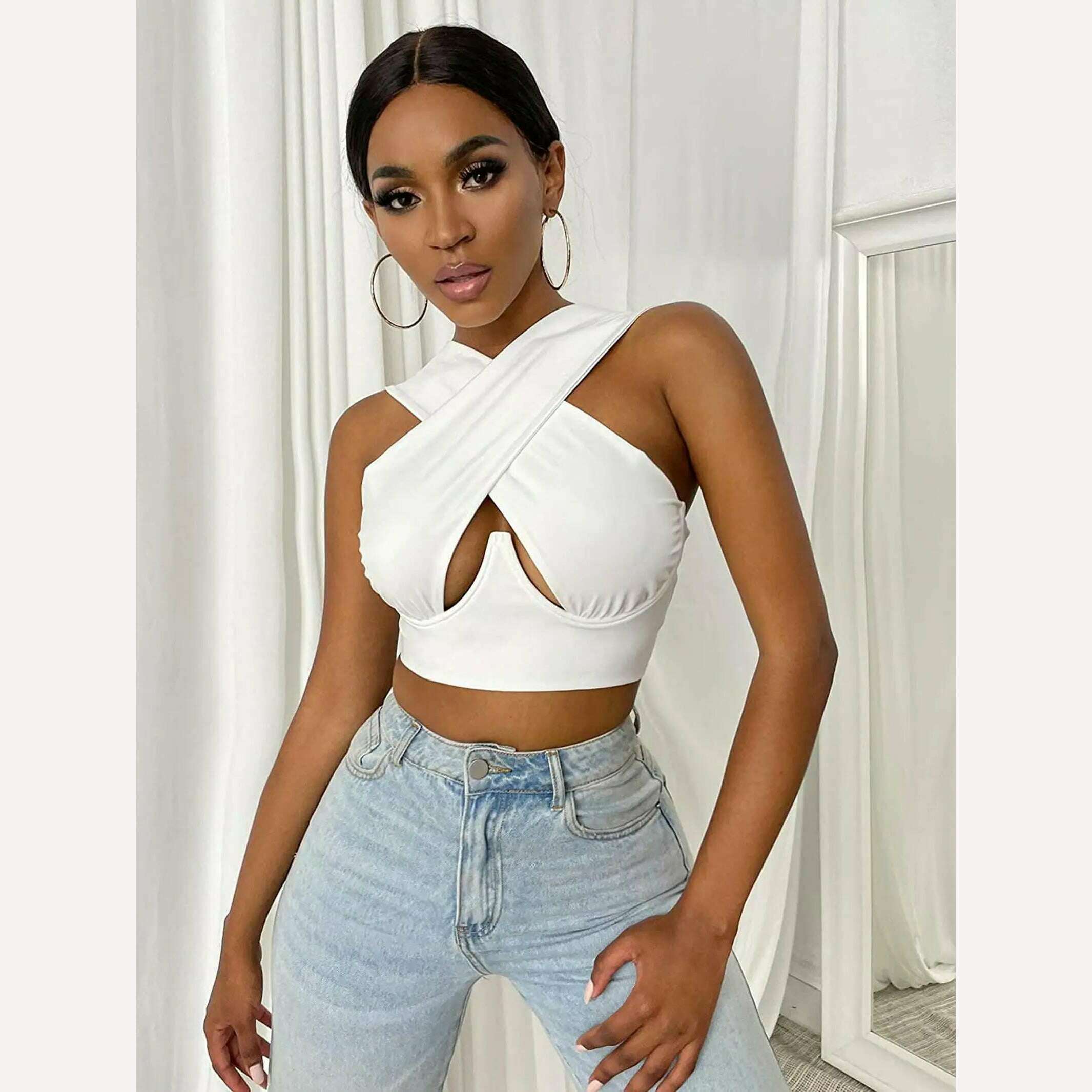 Women's Criss Cross Tank Tops Sexy Sleeveless Solid Color Cutout Front Crop Tops Party Club Streetwear Summer Lady Bustier Tops - KIMLUD