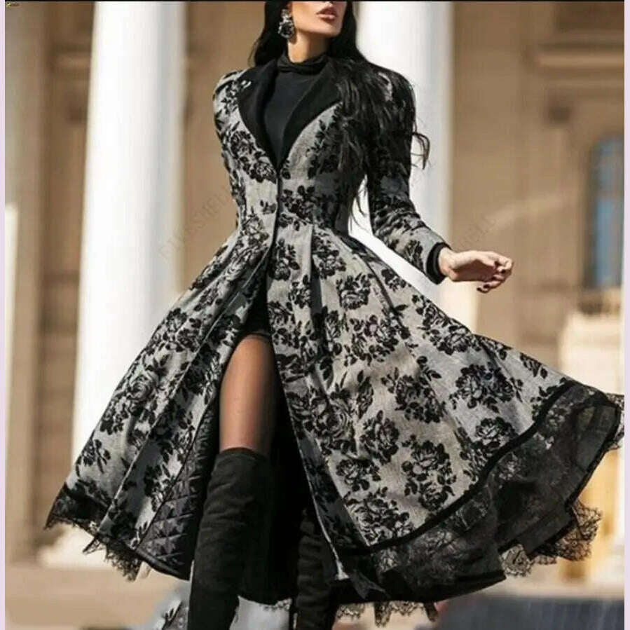 KIMLUD, Women's Dress Autumn Winter Lady Coat Long Sleeve Medieval Lace Stitching A-line Elegant Long Black Grey Cosplay Fancy Dresses, KIMLUD Womens Clothes