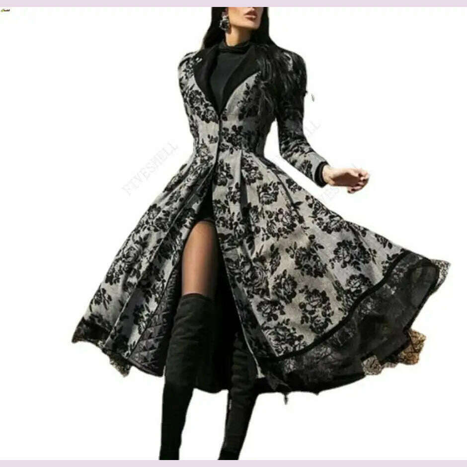 KIMLUD, Women's Dress Autumn Winter Lady Coat Long Sleeve Medieval Lace Stitching A-line Elegant Long Black Grey Cosplay Fancy Dresses, KIMLUD Womens Clothes