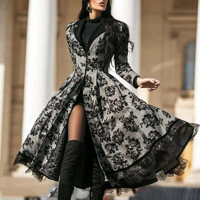 KIMLUD, Women's Dress Autumn Winter Lady Coat Long Sleeve Medieval Lace Stitching A-line Elegant Long Black Grey Cosplay Fancy Dresses, as picture / S, KIMLUD APPAREL - Womens Clothes