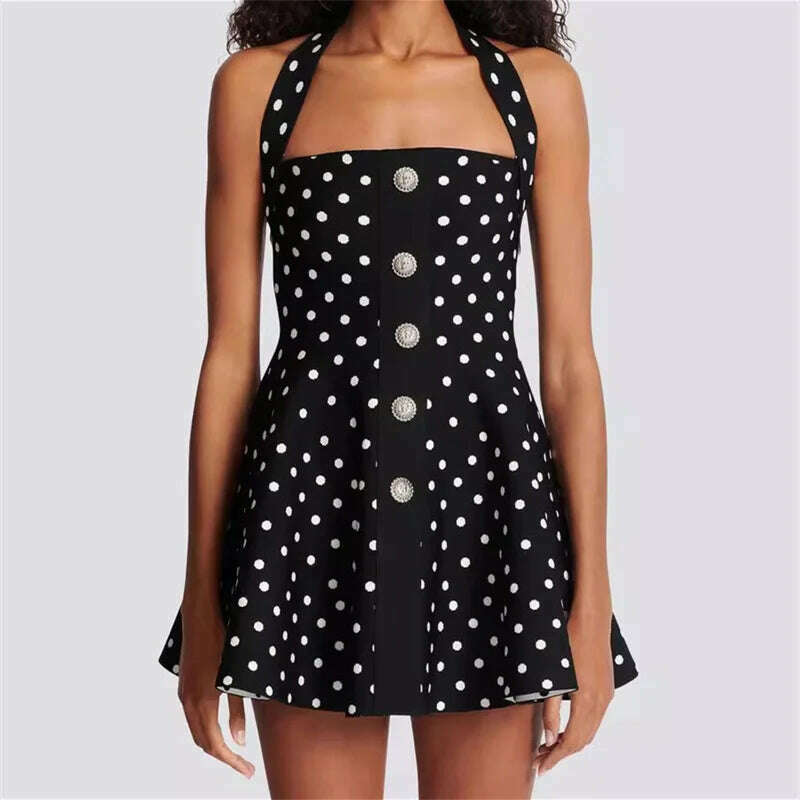 Womens dresses 2024 Summer New Dot Print Hanging Neck Dress Elastic knitted slim sleeveless mini skirt Metal button Long dress - KIMLUD