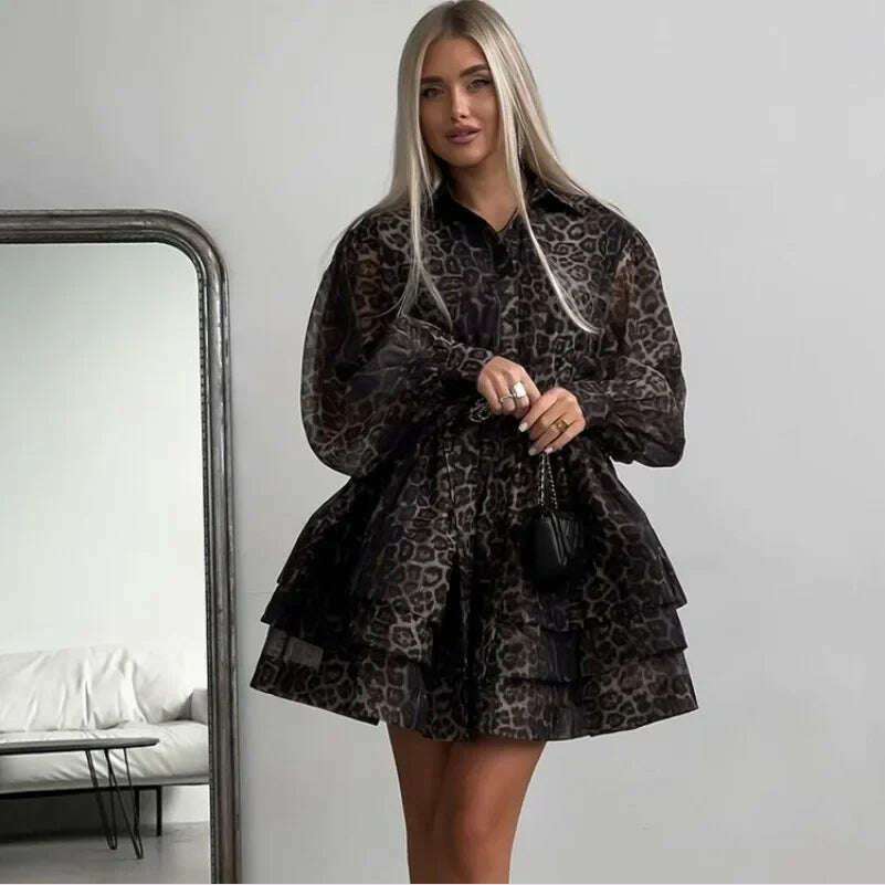 KIMLUD, Womens Dresses Spring 2024 New Chiffon Leopard Print Long-sleeved Street Lapel Fluffy Dress for Women, KIMLUD Womens Clothes