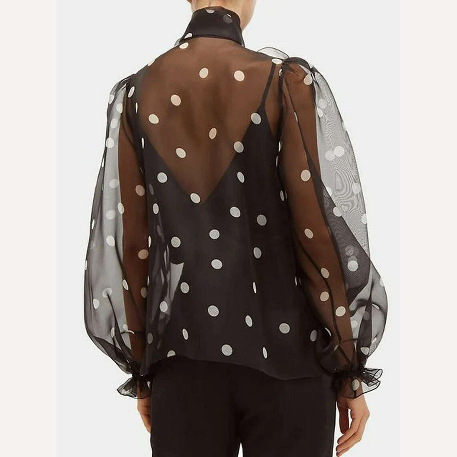 Women's Elegant Lantern Sleeve Shirt Chiffon Transparent Long Sleeve Sweet Lace-up Neck Polk Dot Casual Fashion Autumn Shirts - KIMLUD