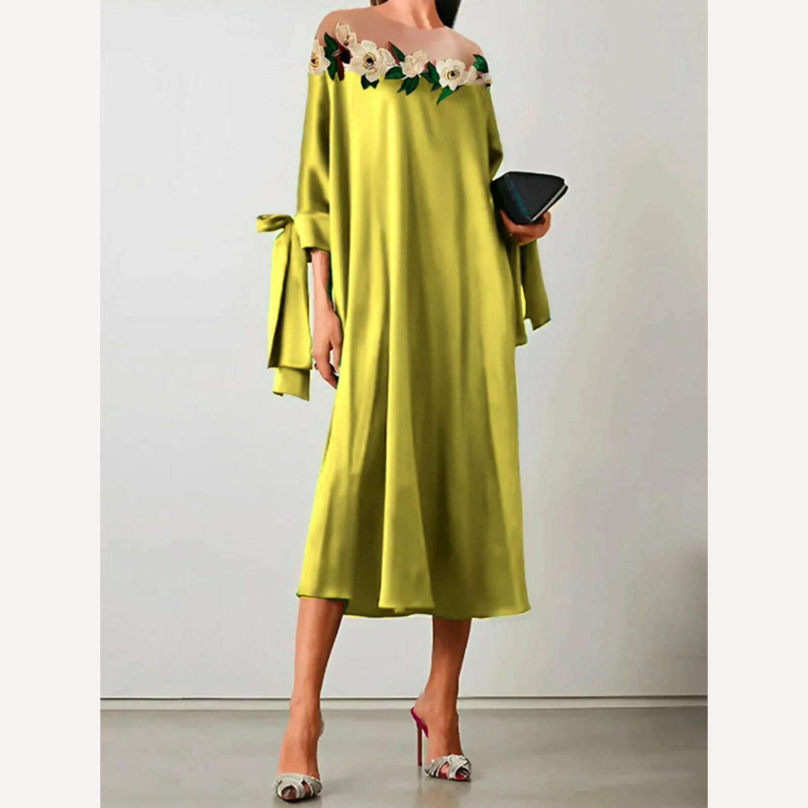KIMLUD, Women's Elegant Plain Floral Crew Neck 3/4 Sleeve Bow Loose Midi Dress Fashion Maxi Dress Summer Office Ladies Clothing 2024, Yellow / L / CHINA, KIMLUD APPAREL - Womens Clothes