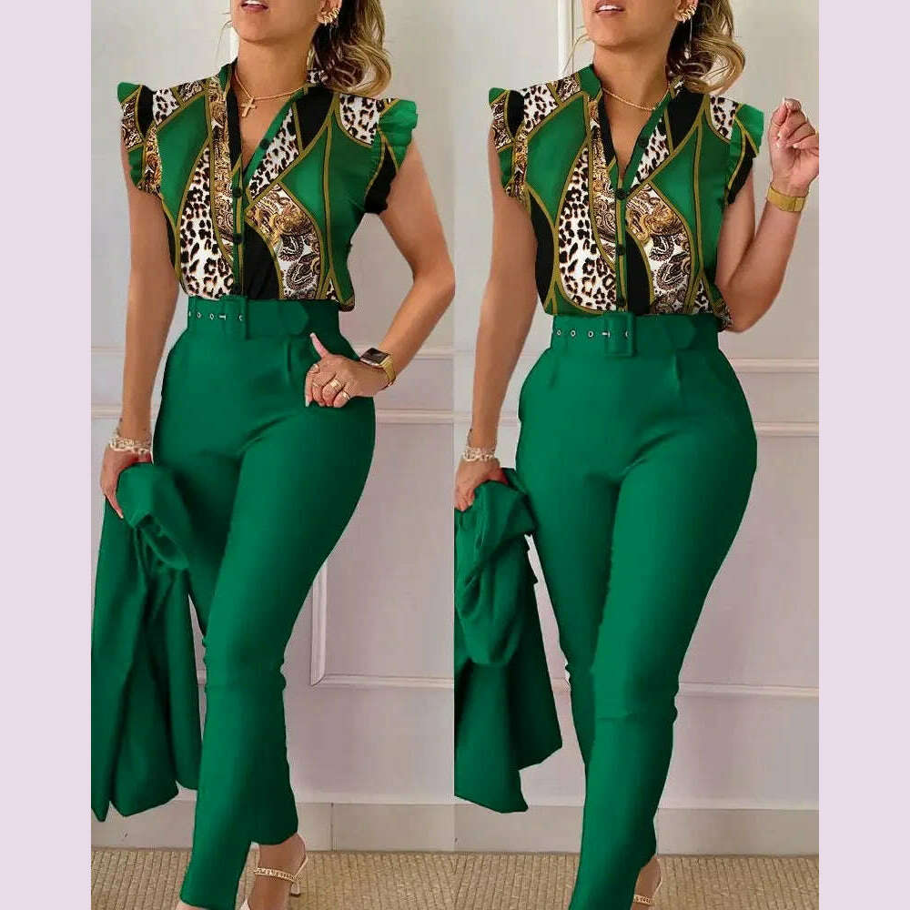 KIMLUD, Womens Elegant Slim Two-Piece Sets Summer Fashion Print V Neck Button Flying Sleeve Shirt Top & Solid Long Pants Suits With Belt, Green / S, KIMLUD APPAREL - Womens Clothes