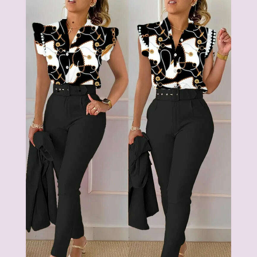 KIMLUD, Womens Elegant Slim Two-Piece Sets Summer Fashion Print V Neck Button Flying Sleeve Shirt Top & Solid Long Pants Suits With Belt, Black / XXL, KIMLUD APPAREL - Womens Clothes