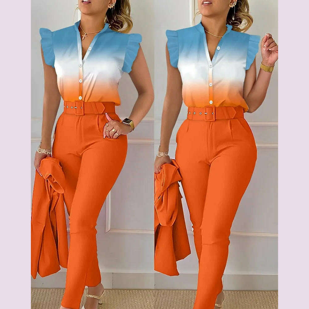 KIMLUD, Womens Elegant Slim Two-Piece Sets Summer Fashion Print V Neck Button Flying Sleeve Shirt Top & Solid Long Pants Suits With Belt, Orange2 / XXL, KIMLUD APPAREL - Womens Clothes