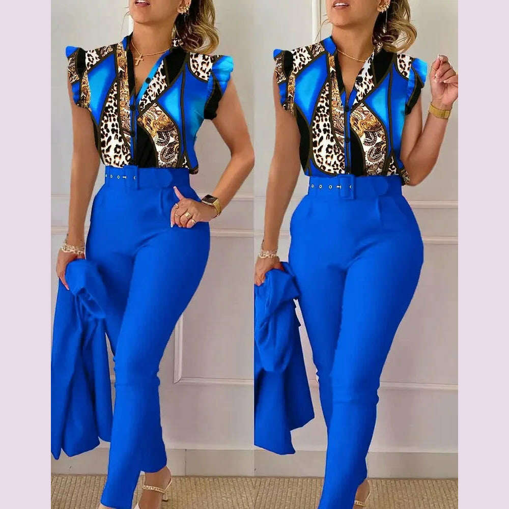 KIMLUD, Womens Elegant Slim Two-Piece Sets Summer Fashion Print V Neck Button Flying Sleeve Shirt Top & Solid Long Pants Suits With Belt, ROYAL BLUE / L, KIMLUD APPAREL - Womens Clothes