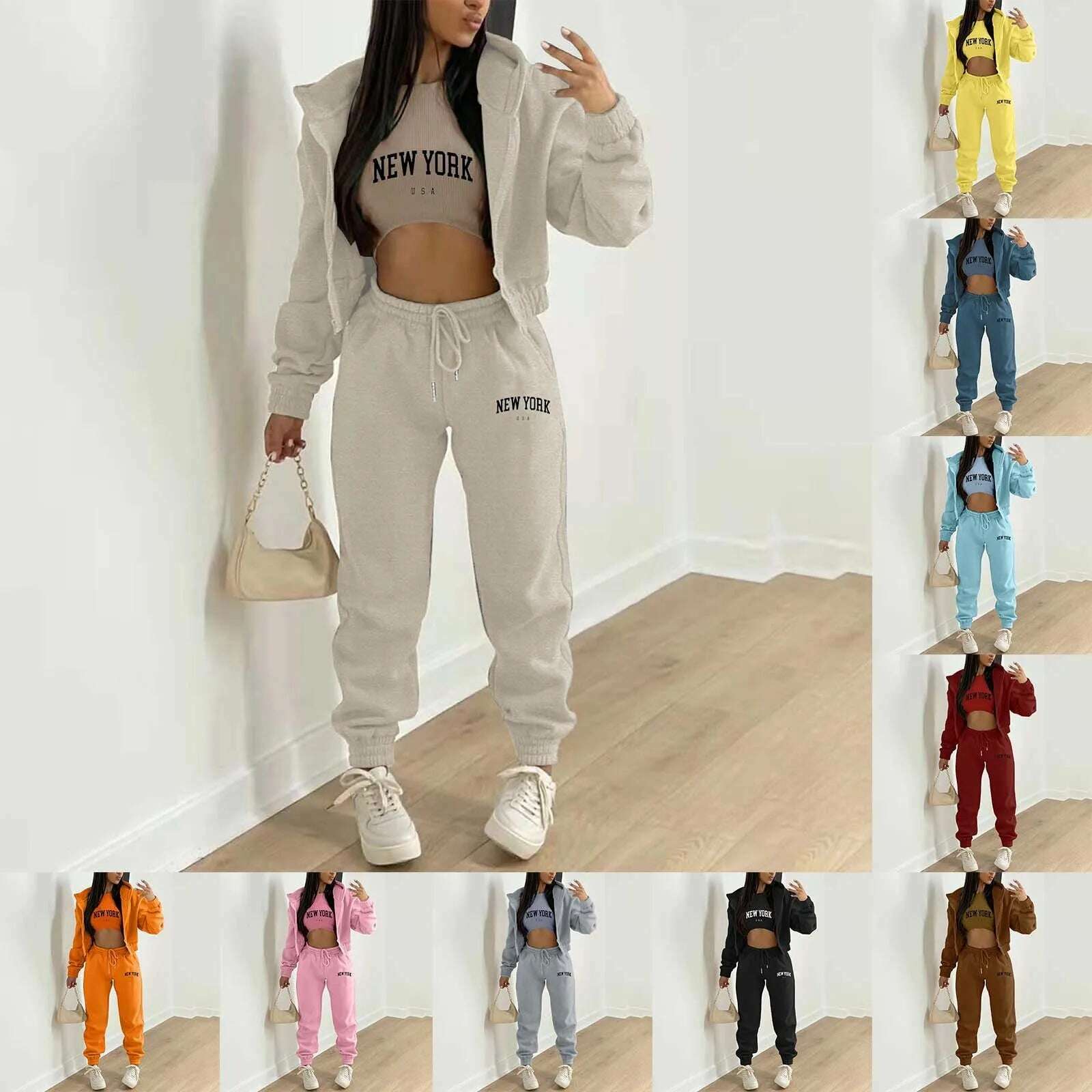 KIMLUD, Women's Fleece Suit 3 Piece Set Tracksuit Zipper Sweatshirt Coat Tank Tops Pants Suits Sportswear Jogging Outfits Streetwear, KIMLUD Womens Clothes