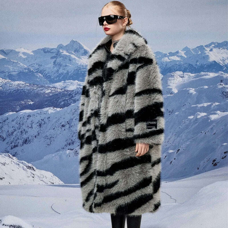 KIMLUD, Women's fur coat new fashion zebra print imitation fox fur coat long winter leisure and warm, KIMLUD Womens Clothes