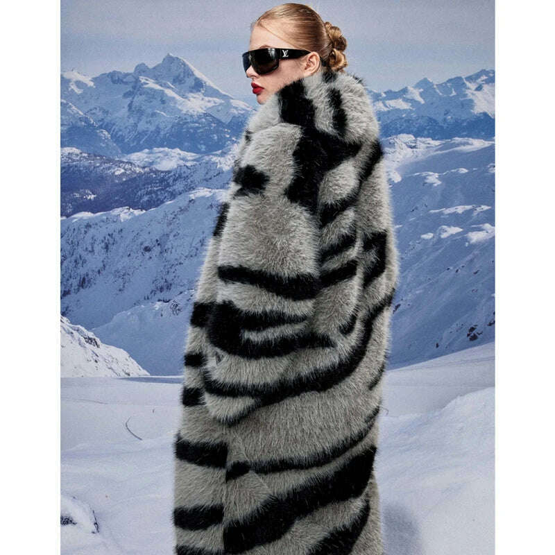 KIMLUD, Women's fur coat new fashion zebra print imitation fox fur coat long winter leisure and warm, KIMLUD Womens Clothes