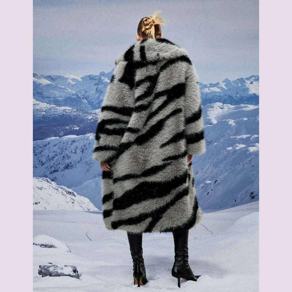 KIMLUD, Women's fur coat new fashion zebra print imitation fox fur coat long winter leisure and warm, KIMLUD Womens Clothes