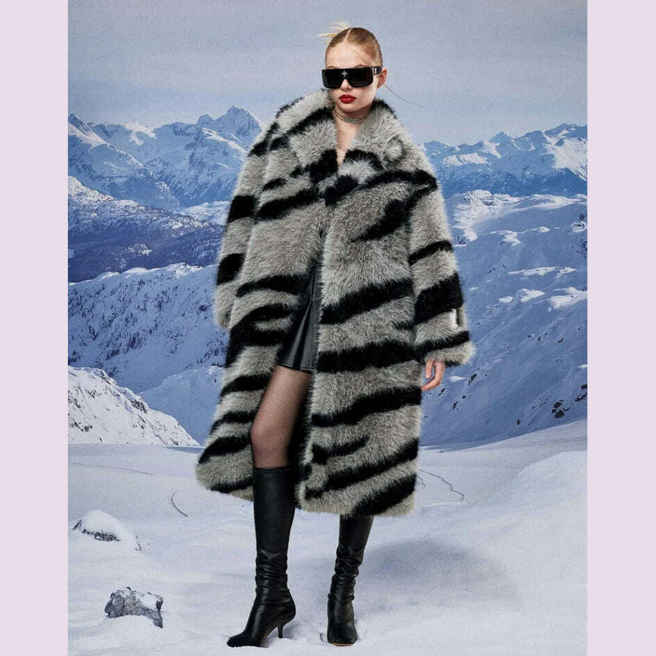 KIMLUD, Women's fur coat new fashion zebra print imitation fox fur coat long winter leisure and warm, KIMLUD Womens Clothes